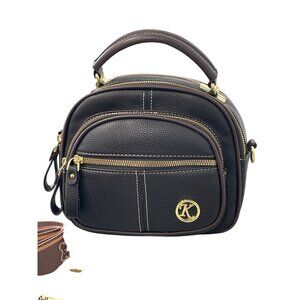 K Bags Pebbled Faux Leather Shoulder Bag Black Brown Gold Hardware Messenger Bag